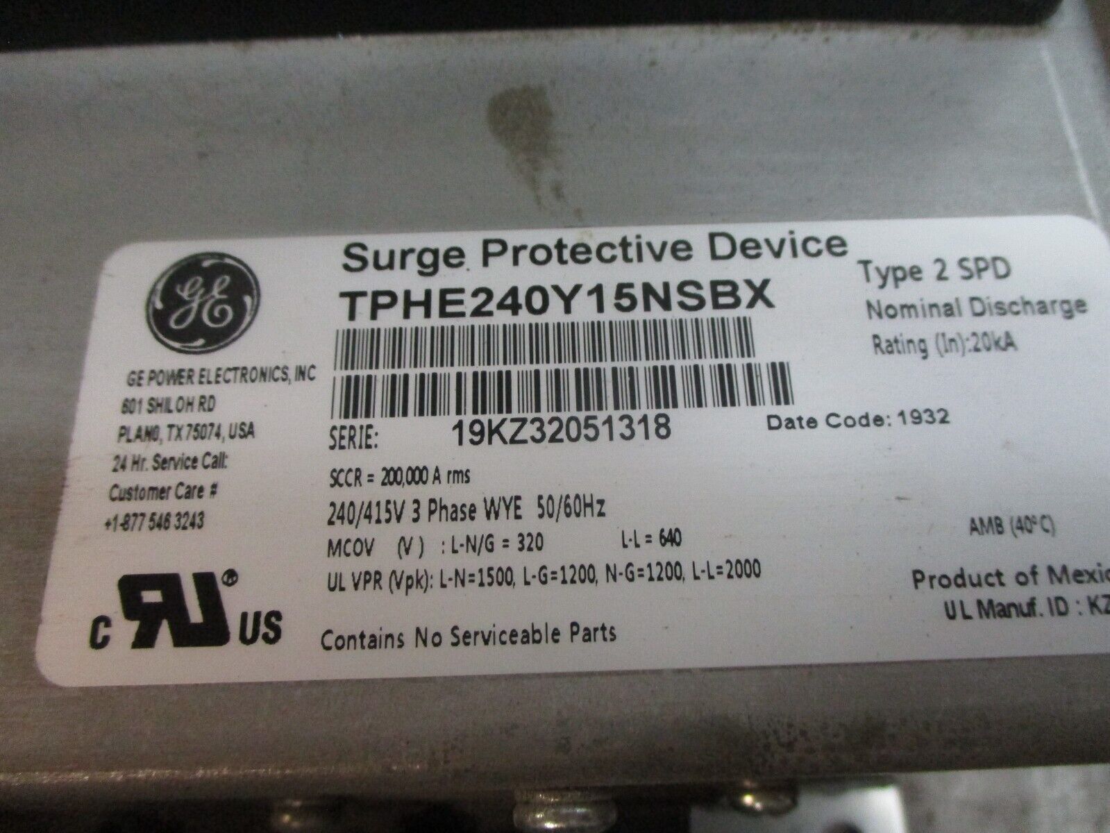 GE Tranquell Surge Protective Device TPHE240Y15NSBX 240/415V 3Ph 60Hz Used
