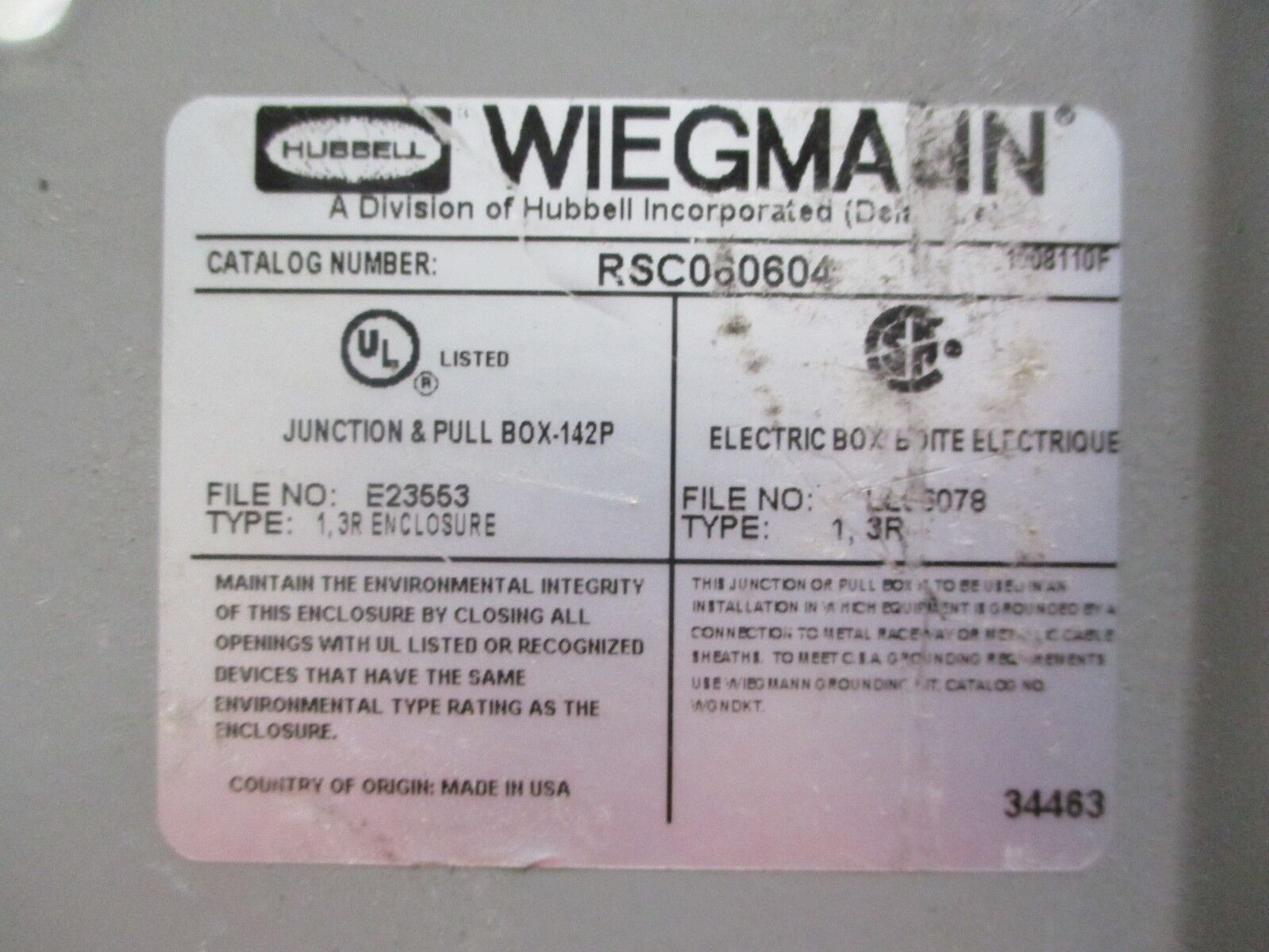 Wiegmann 3R Pull Box RSC060604 Nema 3R Enclosure Size6X6X4" New Surplus