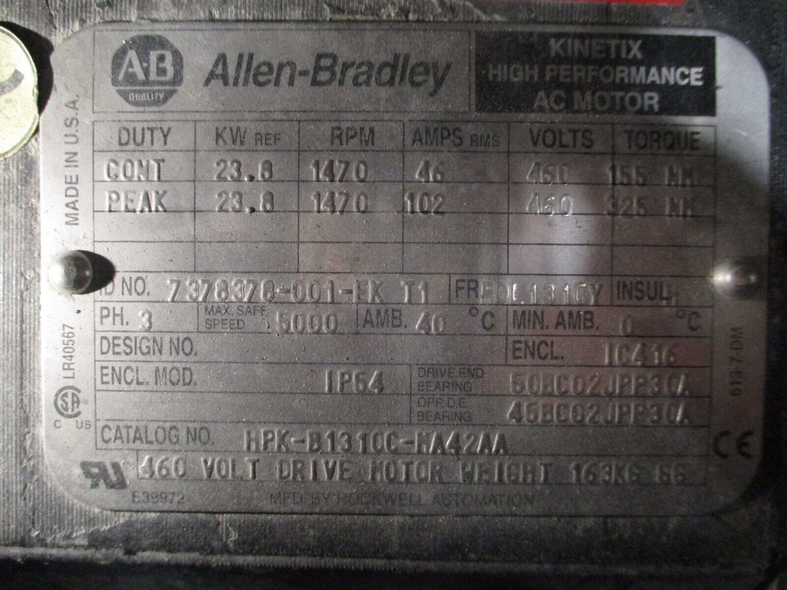 Allen-Bradley Kinetix AC Servo Motor HPK-B1310C-MA42AA 23.8kW 1470 RPM 460V Used