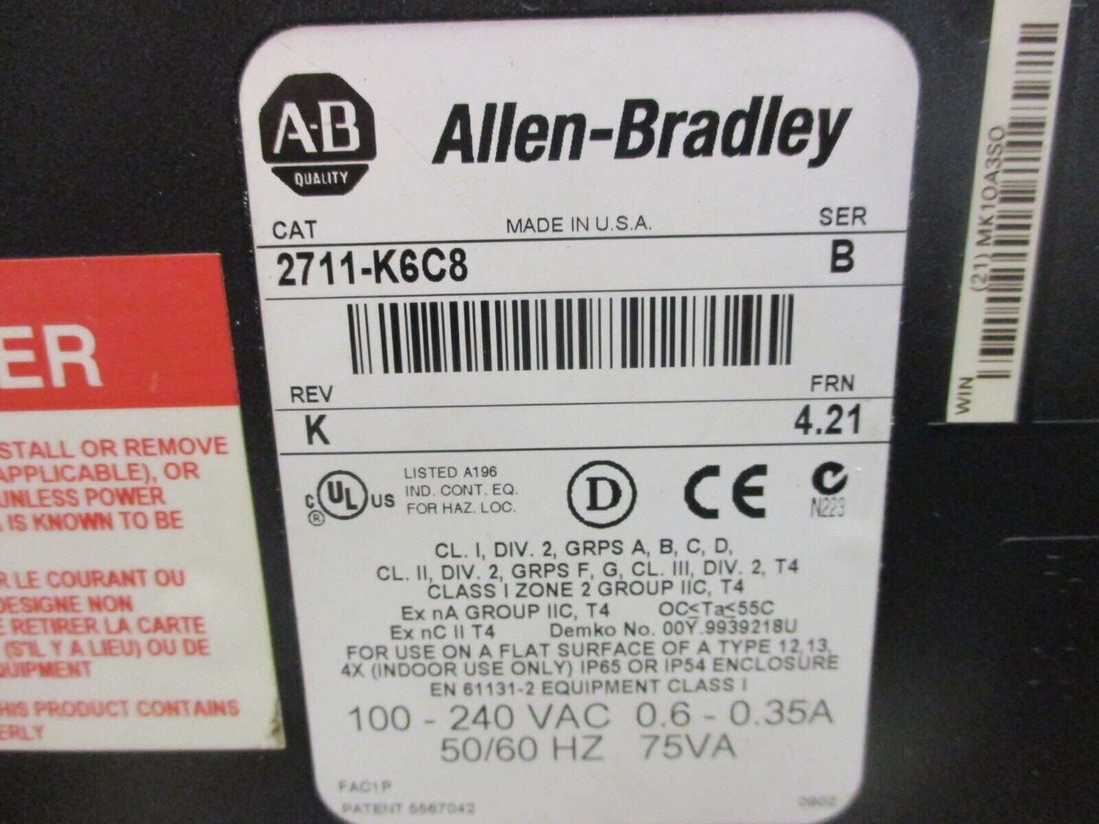Allen-Bradley Panelview 600 2711-K6C8 Ser. B Rev. K FRN 4.21 Used *Torn Cover*