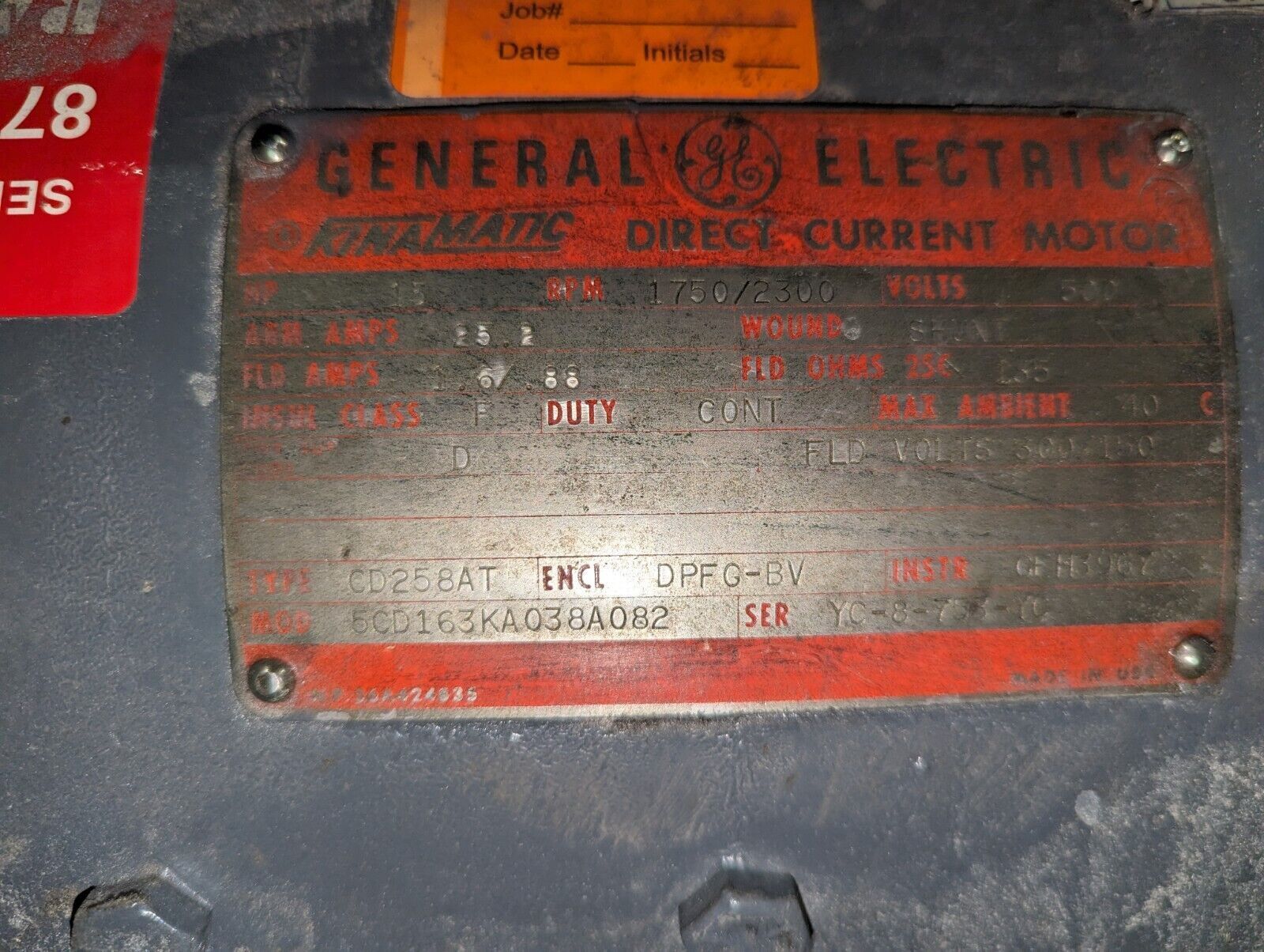 GE DC Motor 5CD163KA038A082 15HP 1750/2300RPM 25.2A 500V Blower Ventilated Used