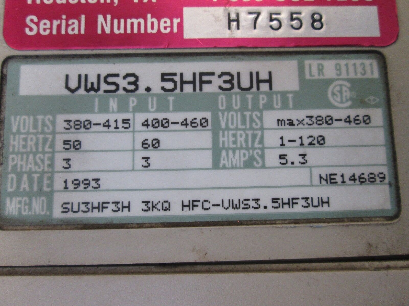 Hitachi Inverter AC Drive VWS3.5HF3UH 3HP Used