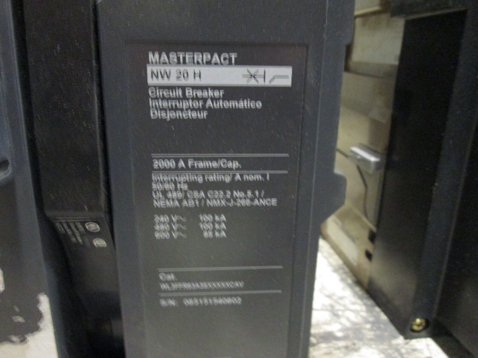 Square D Masterpact Circuit Breaker NW 20 H 2000A Frame Micrologic 6.0P Trip