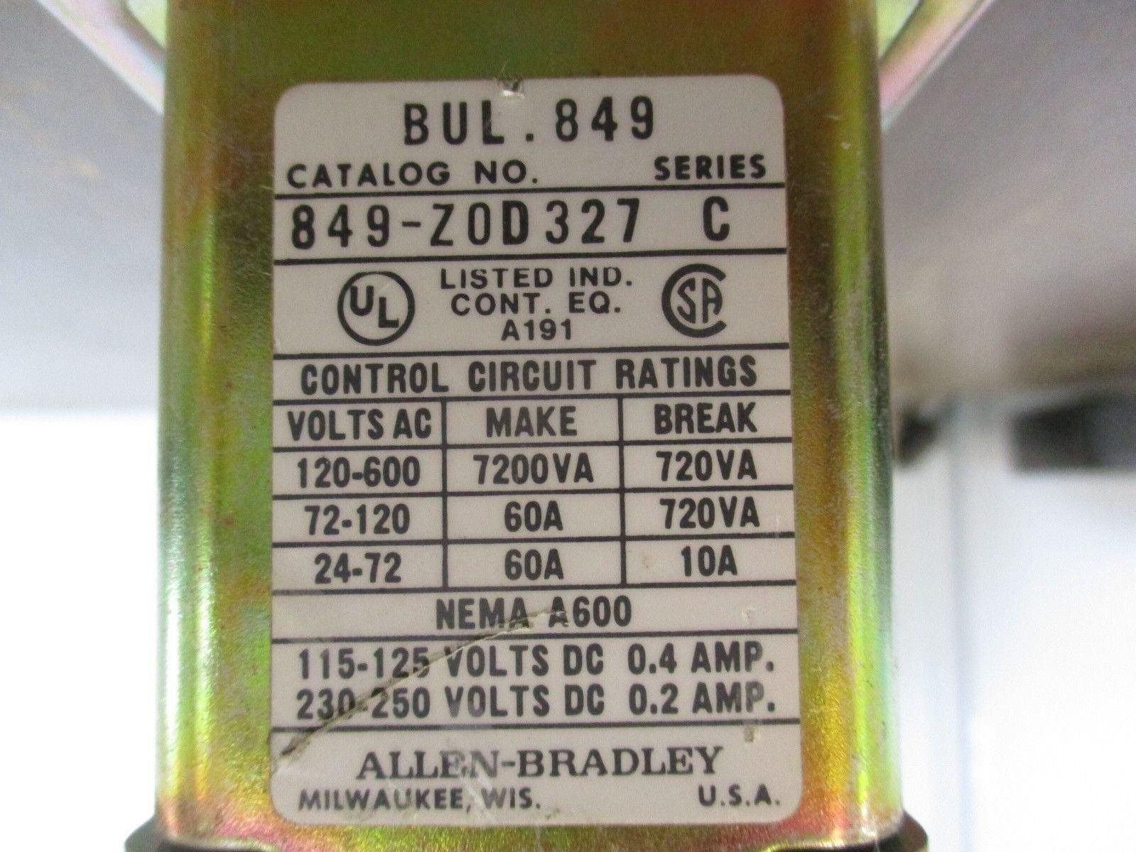 Allen-Bradley Timing Relay 849-Z0D327 Ser. C 120V Coil Used