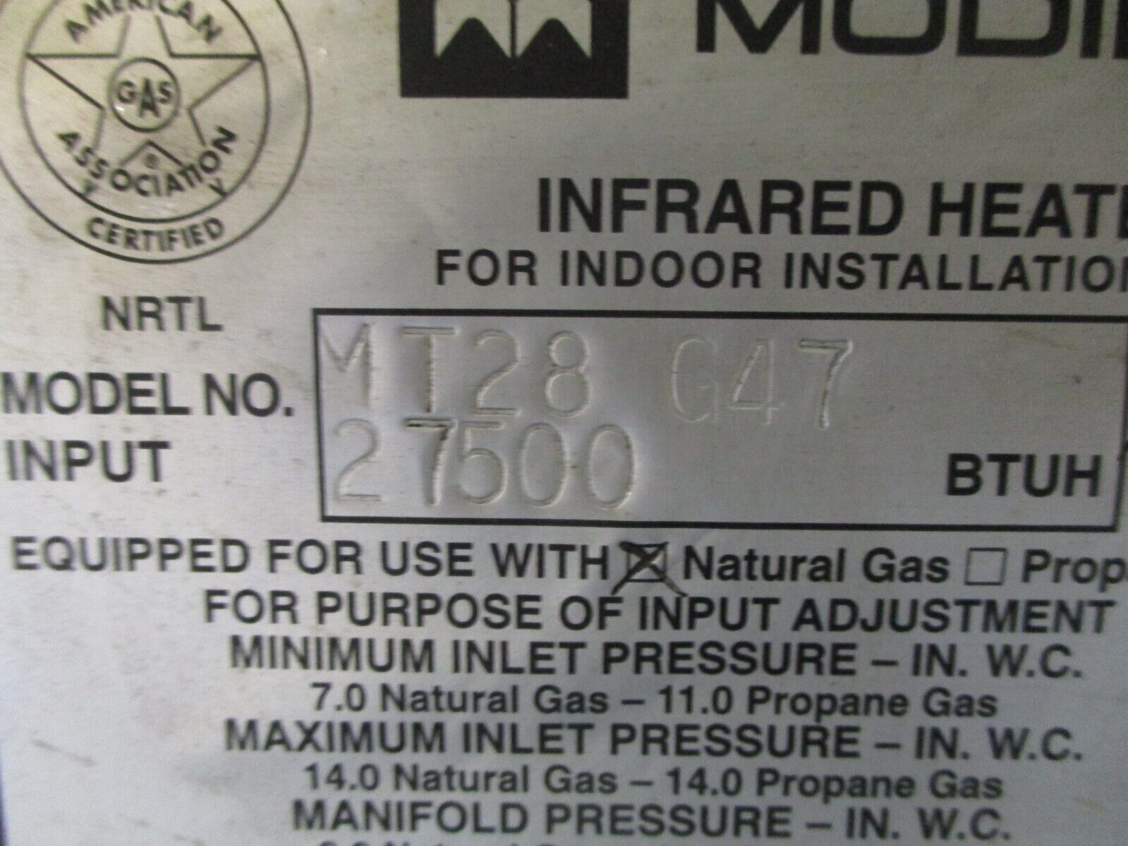 Modine Infrared Heater MT28 G47 27,500 BTUH 120VAC Natural Gas Used