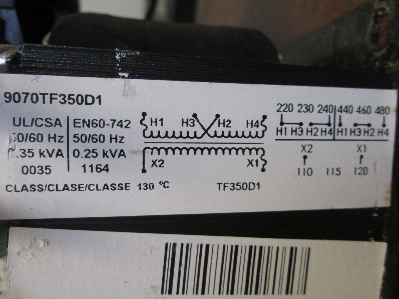 Square D Transformer 9070TF350D1 0.35 KVA 50/60Hz Pri 240/480V Sec 120V Used