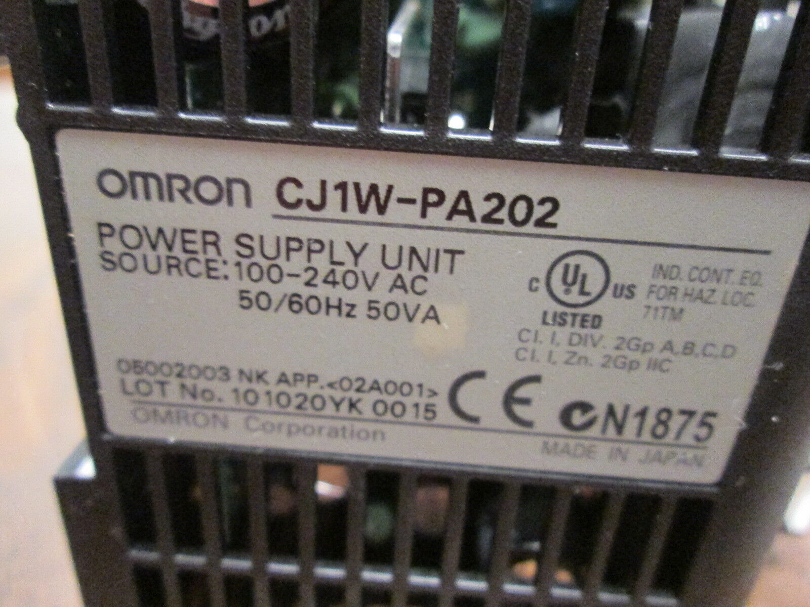 Omron Power Supply Unit CJ1W-PA202 Used