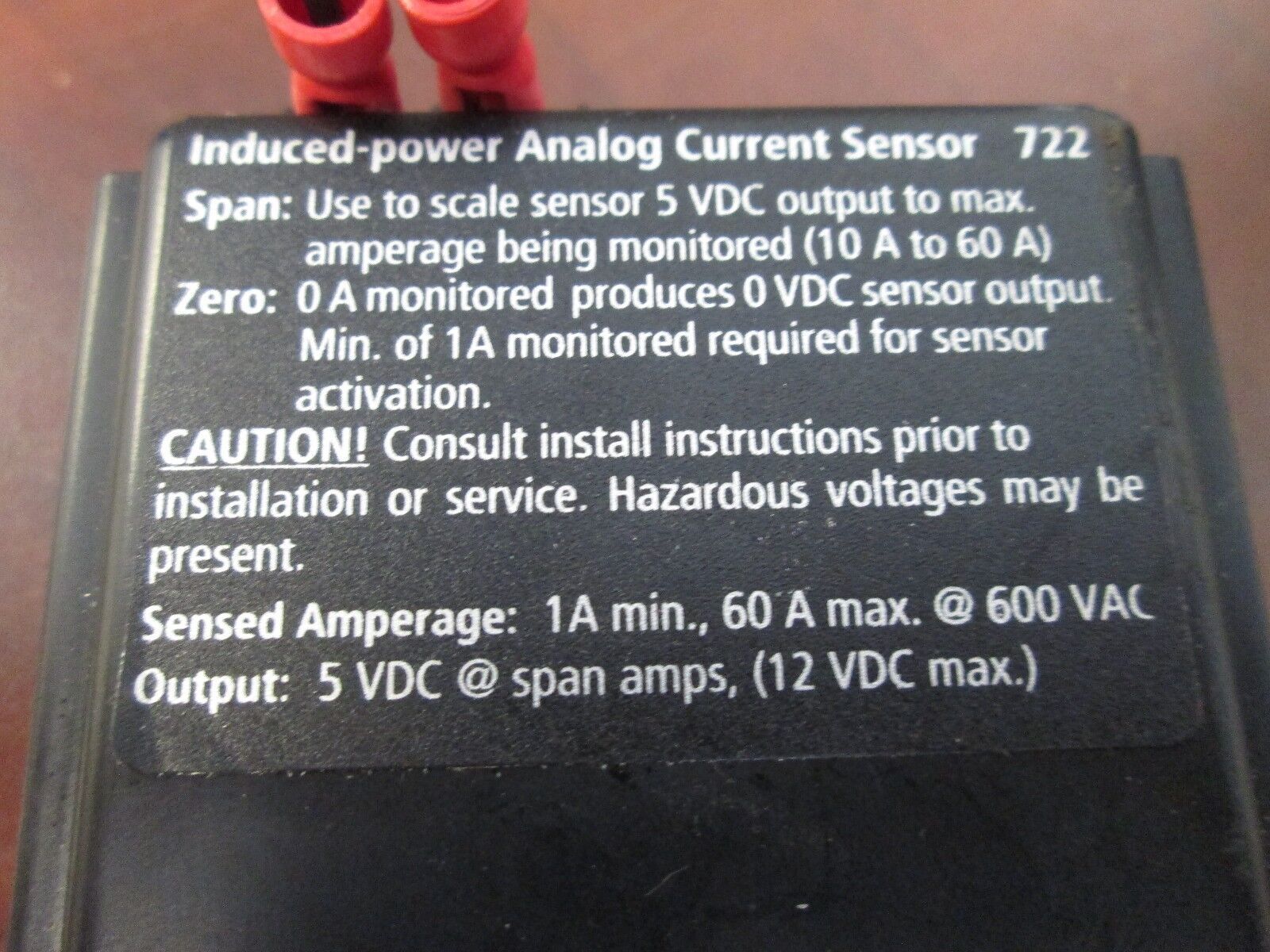 Hawkeye Induced-Power Analog Current Sensor 722 10-60A Monitored Used