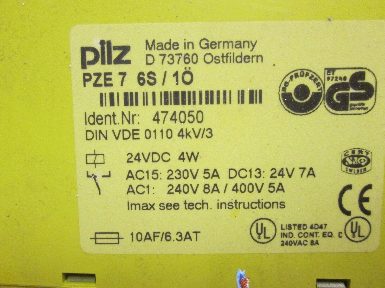Pilz Safety Relay PZE 7 6S/1O 24VDC 4W Used