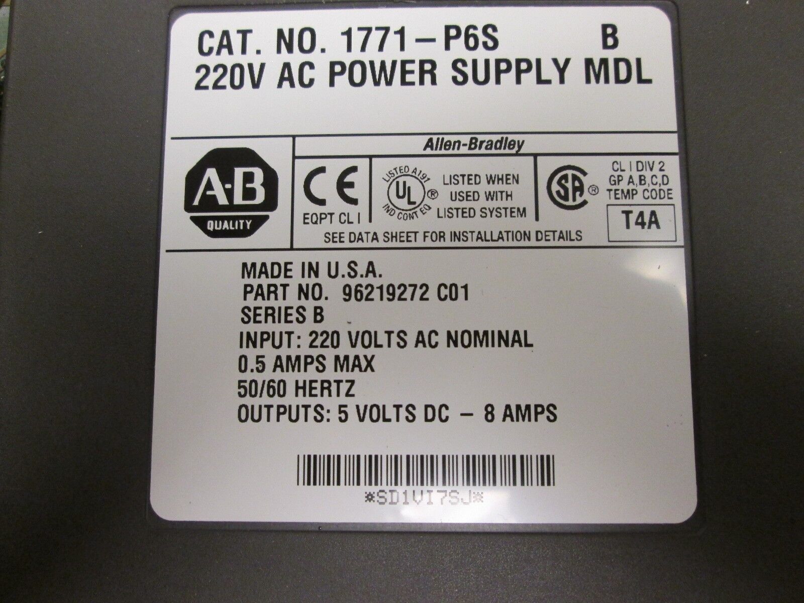 Allen-Bradley 220V AC Power Supply Module 1771-P6S 220V Input Series B Used