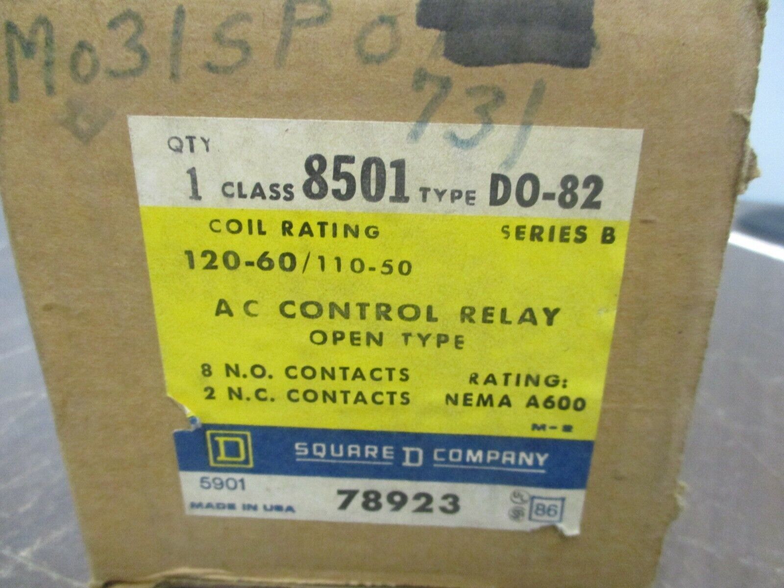 Square D AC Control Relay 8501 D0-82 Ser. B 120V Coil New Surplus