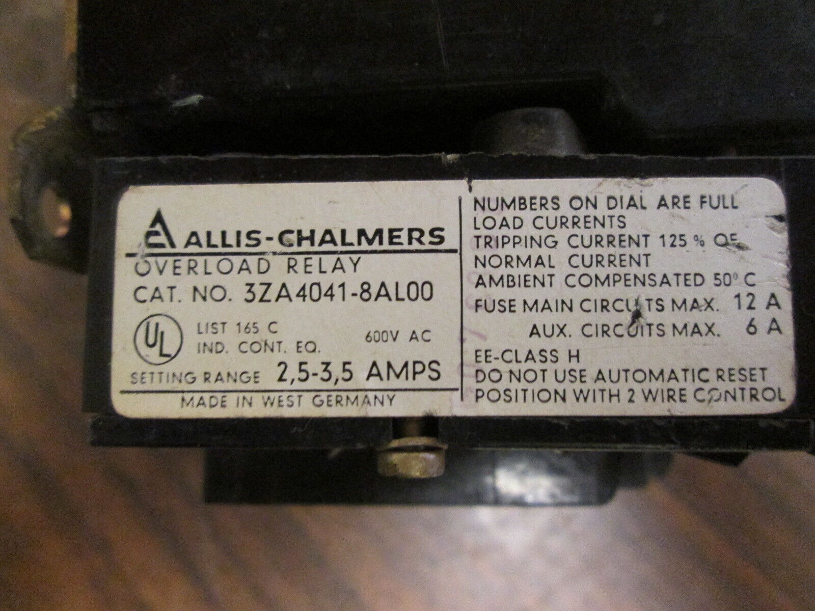Allis-Chalmers Size 00 Starter GC-00 DC0 / 3ZA4041-8AL00 10A 600V Range:2.5-3.5A