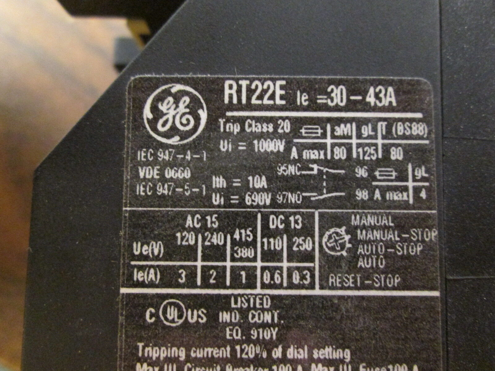 GE Solid State Overload w/ Base Adapter RT22E Trip: 30-43A Used