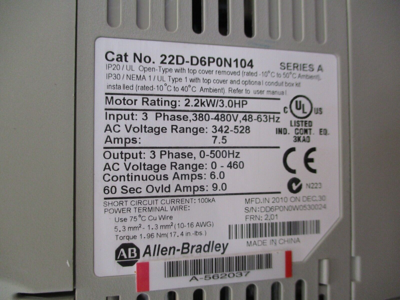Allen-Bradley PowerFlex 40P AC Drive 22D-D6P0N104 3HP 3Ph w/ Keypad Used