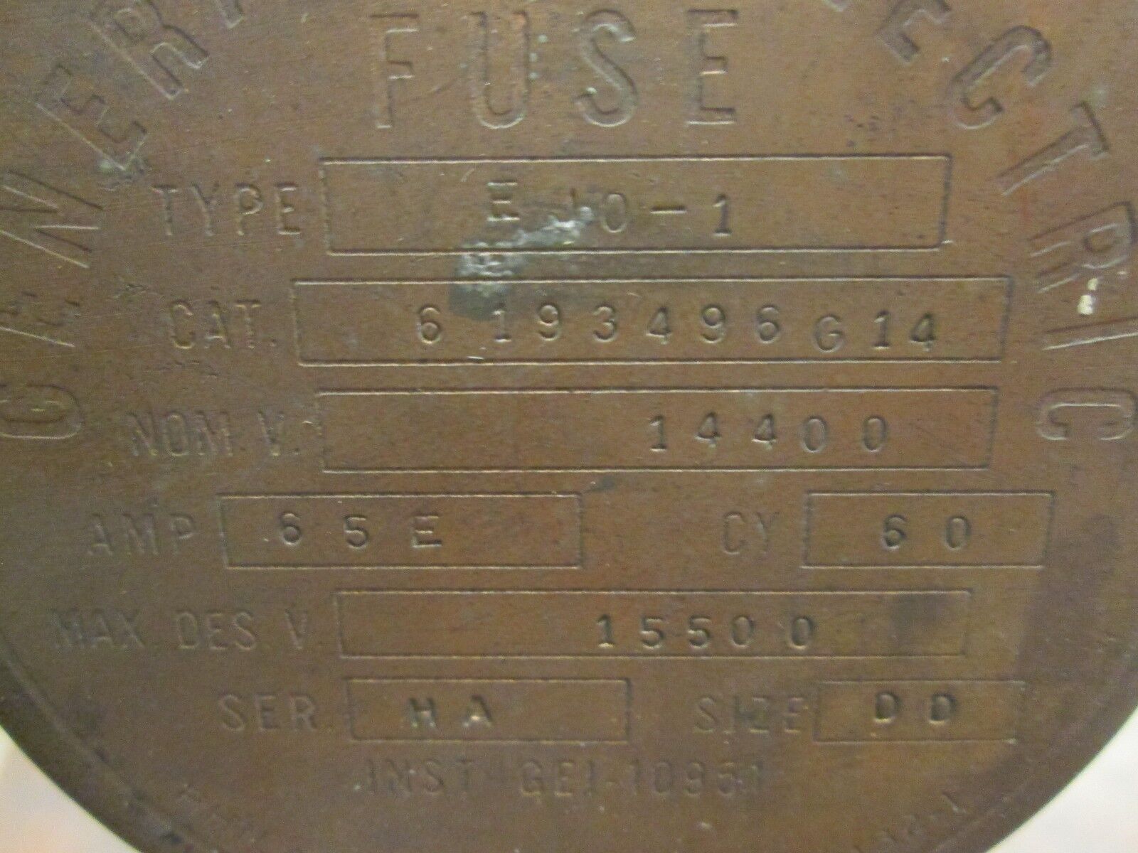 GE Type EJ0-1 Fuse 6193496G14 14.4KV 65E Used