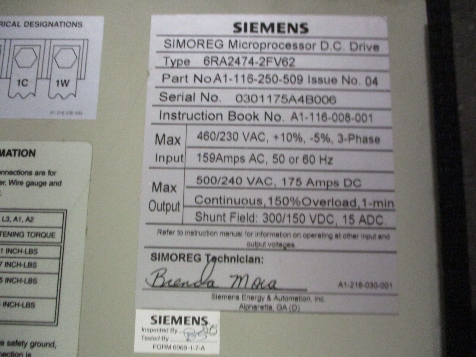 Siemens SIMOREG Microprocessor DC Drive A1-116-250-509 Iss. 04 *No Keypad* Used