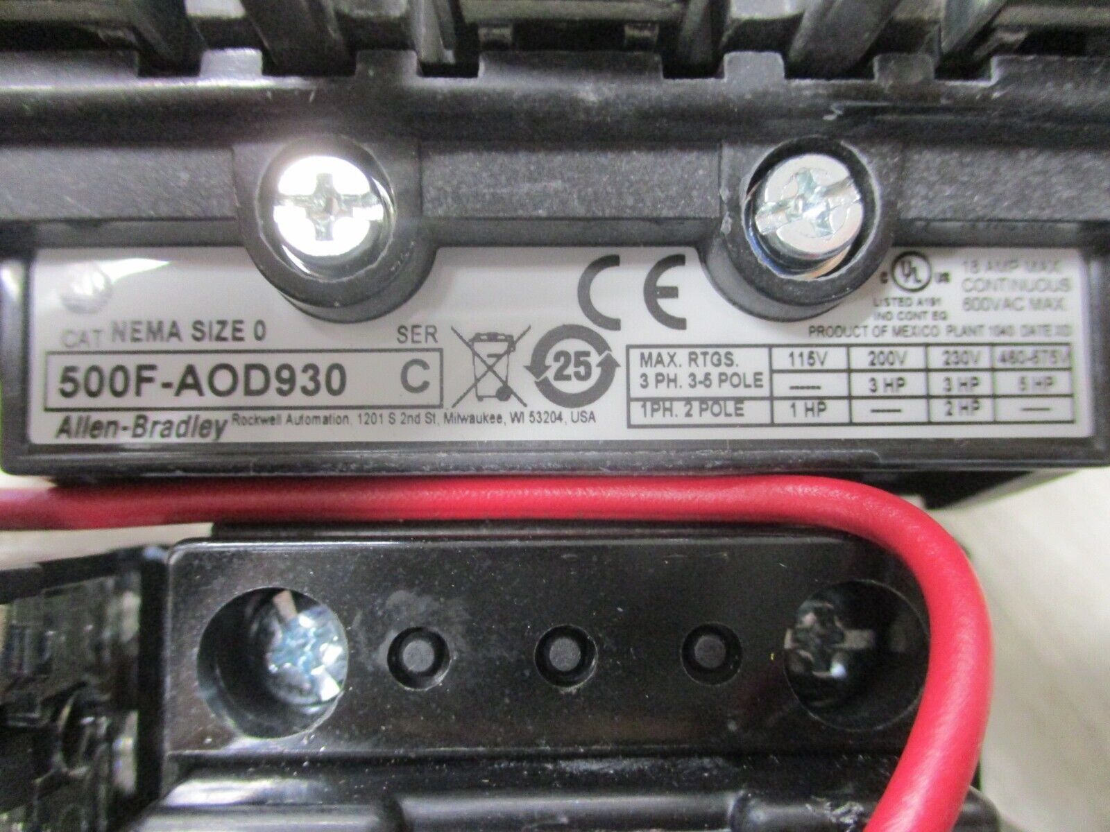 Allen-Bradley Size 0 Starter 509-A0D Ser. 1 120V Coil New Surplus