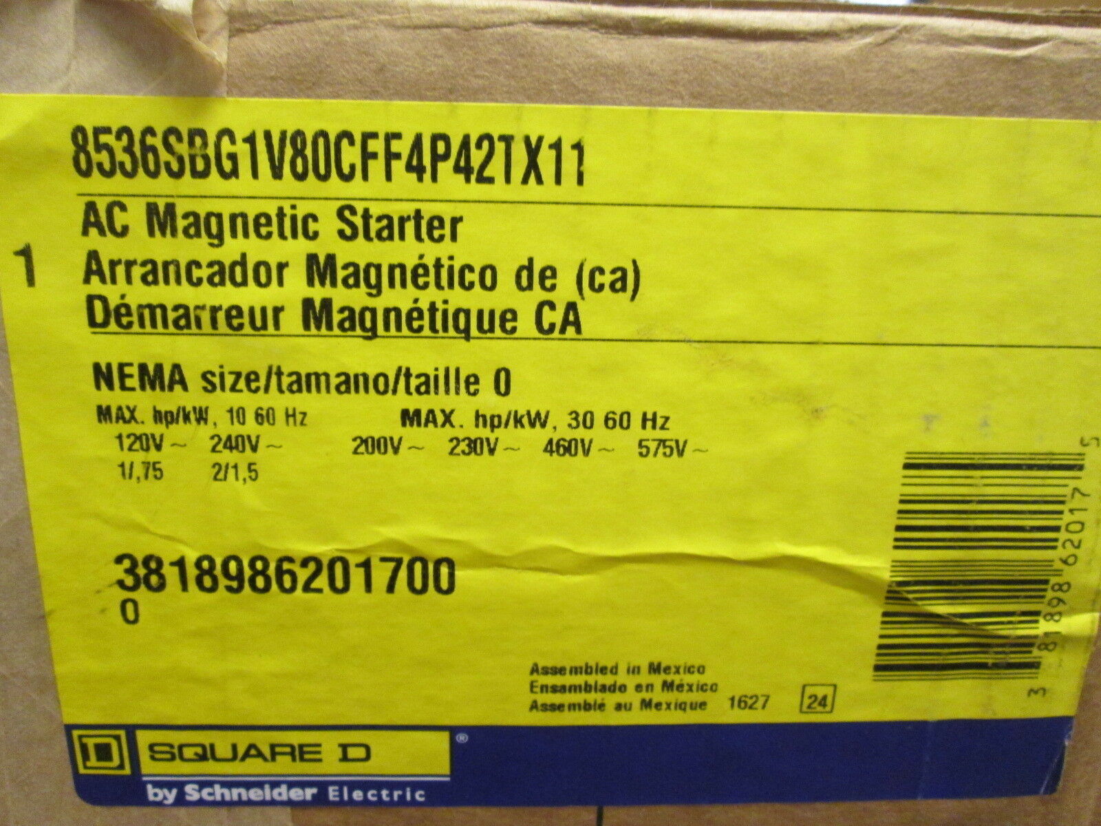 Square D Starter 8536SBG1V80CFF4P42TX11 Size 0 New Surplus