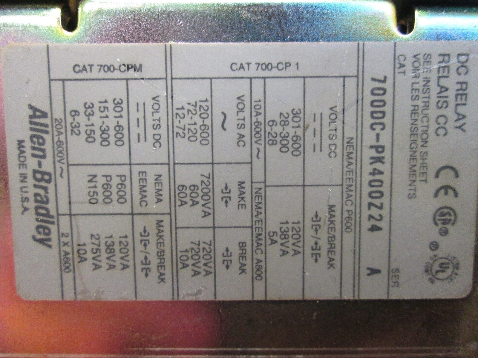 Allen-Bradley DC Relay 700DC-PK400Z24 700DC-PK 24VDC Coil Used