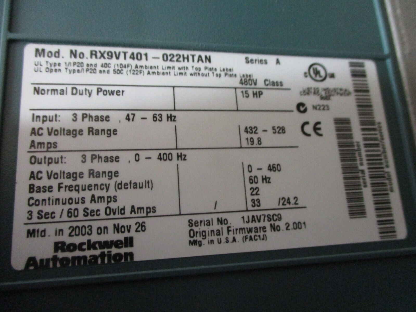 Rockwell Automation VTAC 9 AC Drive w/ Disconnect RX9VT401-022HTAN 15HP 3Ph Used