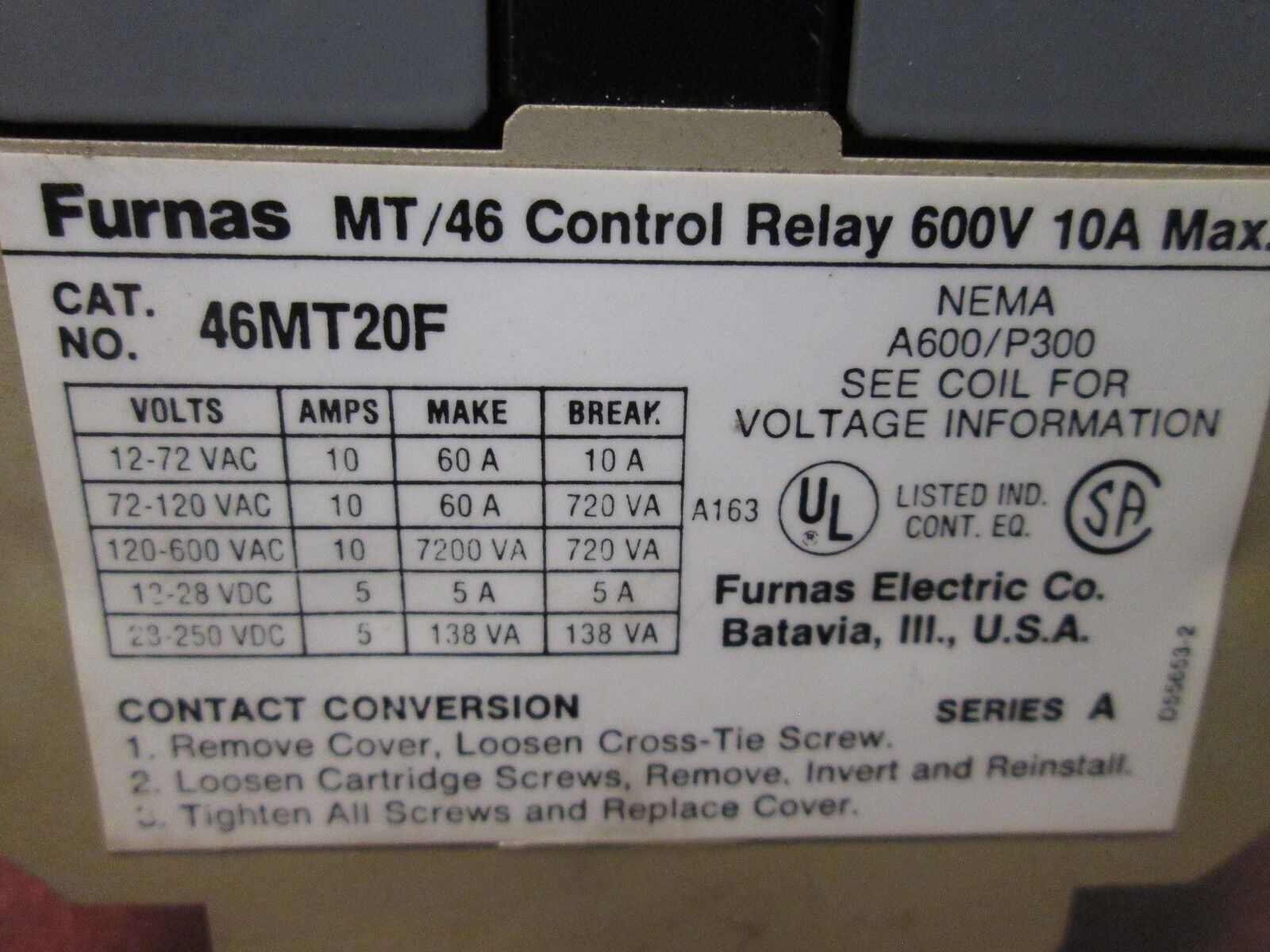 Furnas Control Relay 46MT20F 10A 600V 120V Coil Used