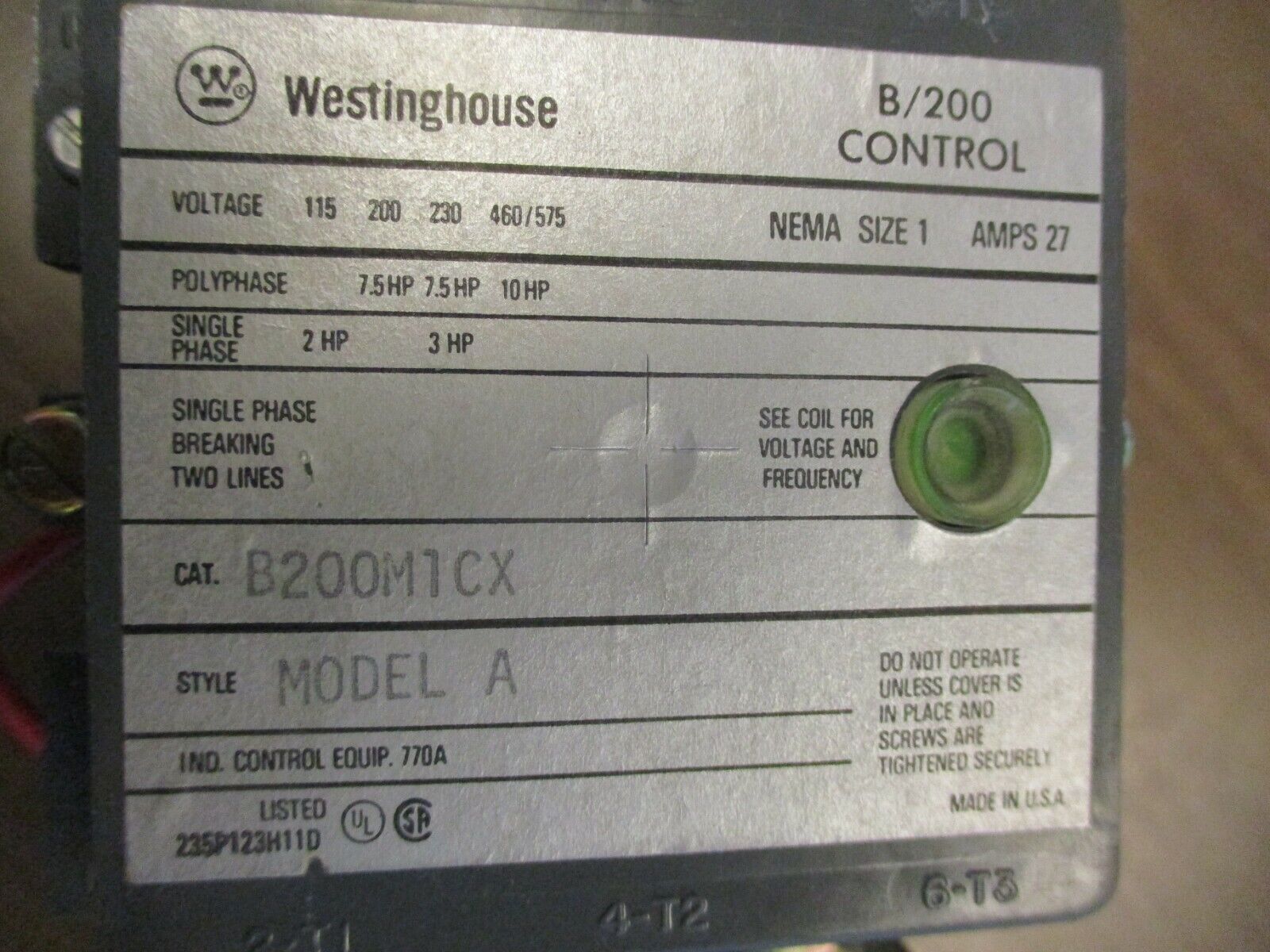Westinghouse B/200 Size 1 Starter B200M1CX 120V Coil 27A Used