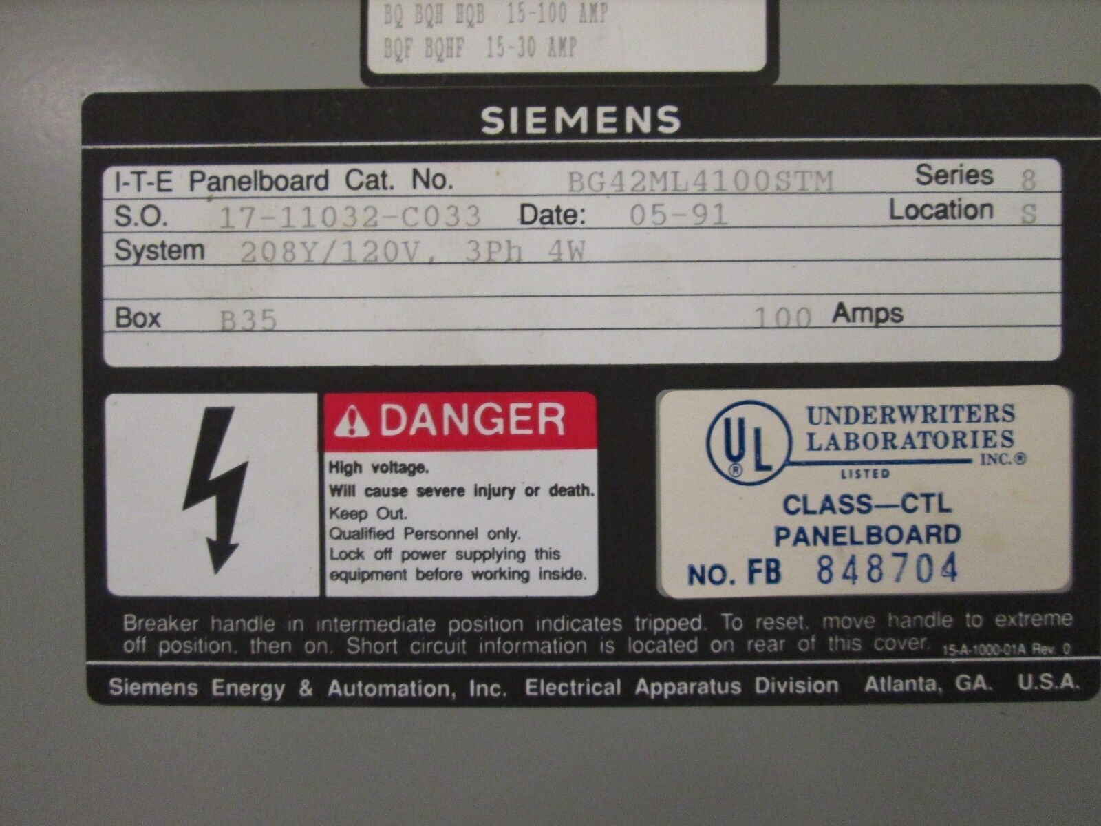 Siemens Main Lug Breaker Panel BG42ML4100STM 100A Main Lug 208Y/120V 3Ph 4W Used