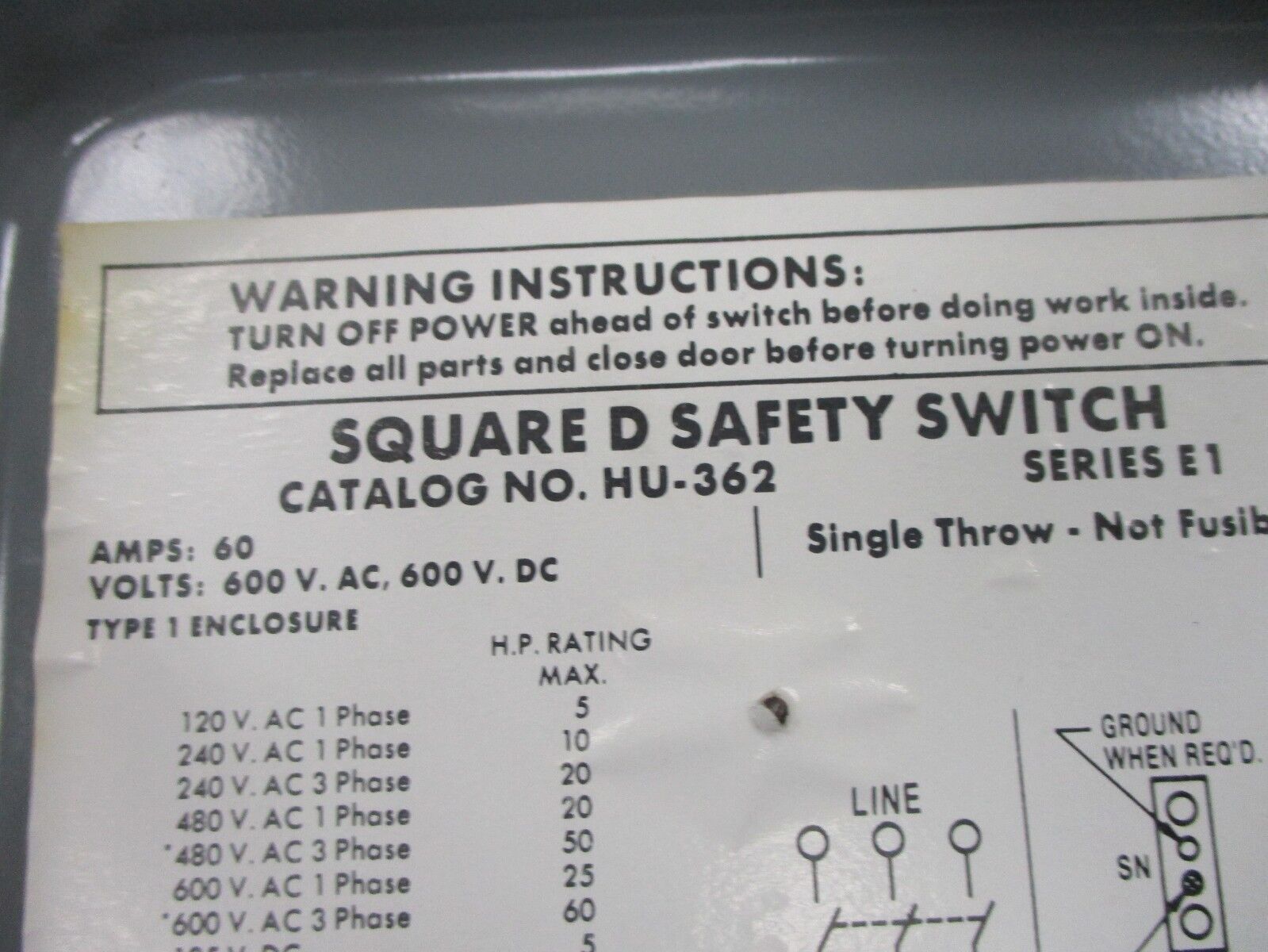 Square D NonFusible Safety Switch HU362 60A 600V 3P Nema 1 Enclosure Used