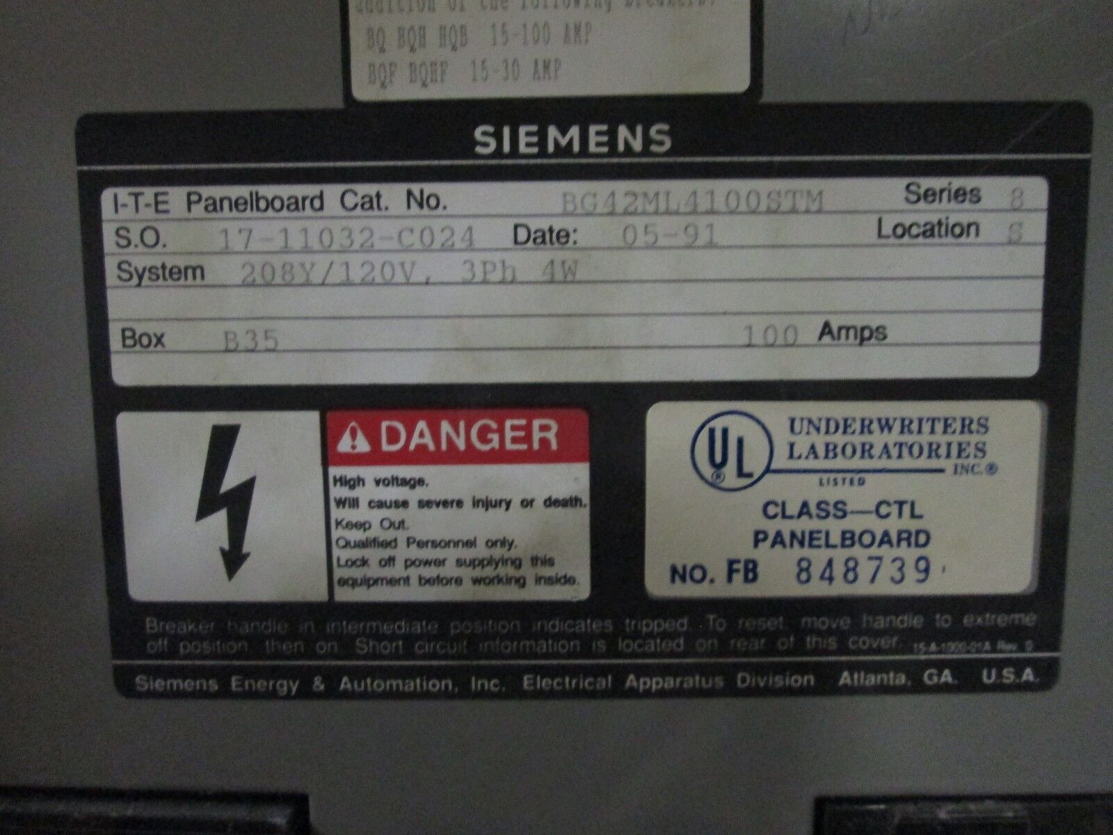 Siemens Main Lug Breaker Panel BG42ML4100STM 100A Main Lug 208Y/120V 3Ph 4W Used