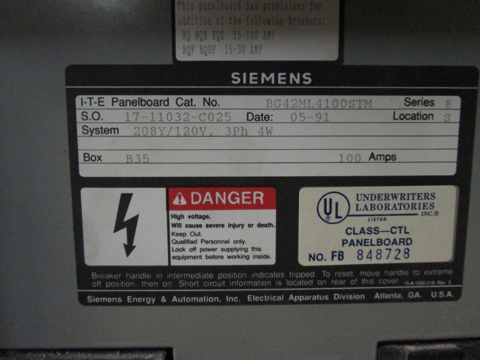 Siemens Main Lug Breaker Panel BG42ML4100STM 100A Main Lug 208Y/120V 3Ph 4W Used