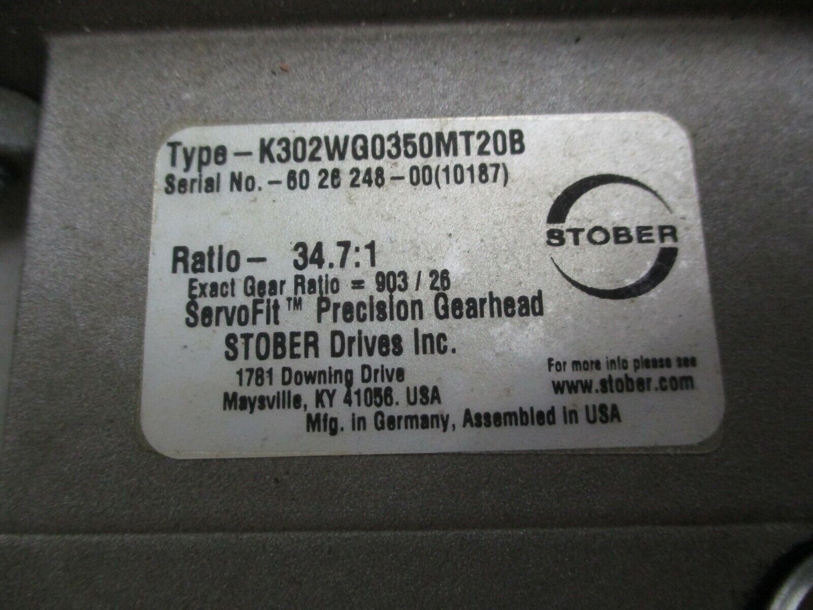 Stober Servofit Precision Gearhead Reducer K302WG0350MT20B Ratio 34.7:1 Used