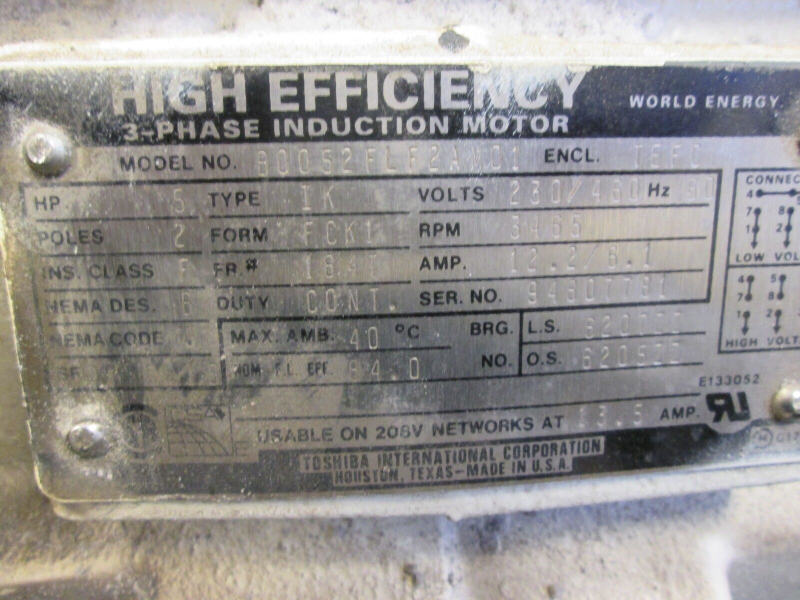 Toshiba Induction Motor B005FLF2AM01 5HP 230/460V 3465RPM's TEFC Enclosure Used