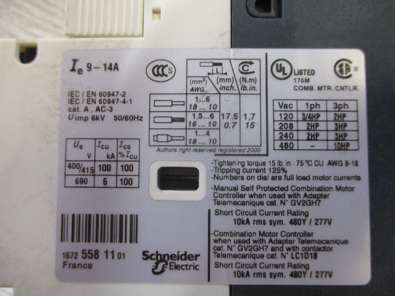 Telemecanique LC1D12 / GV2-P16H7 120 V Coil Trip : 9-14A Used.