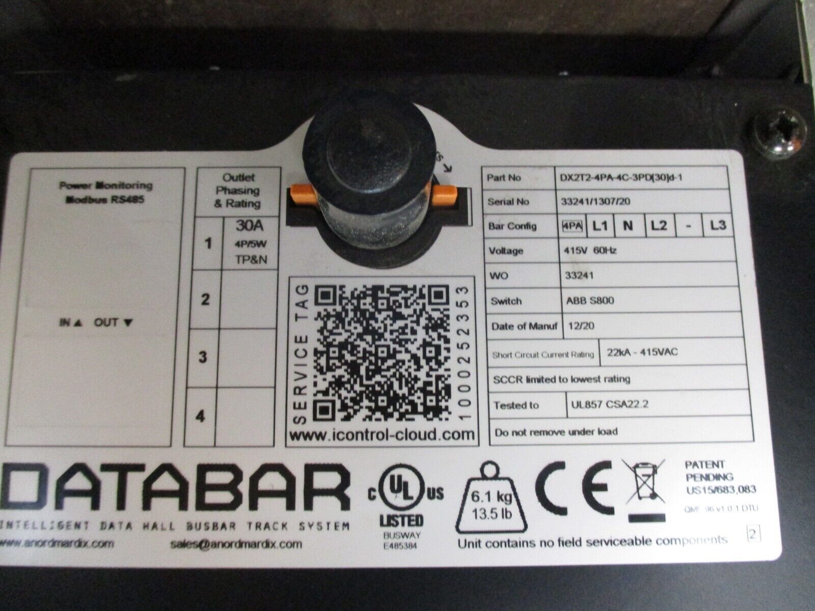 Anord Mardix Databar Tap-Off DX2T2-4PA-4C-3PD(30)d-1 30A 415V 60Hz Used