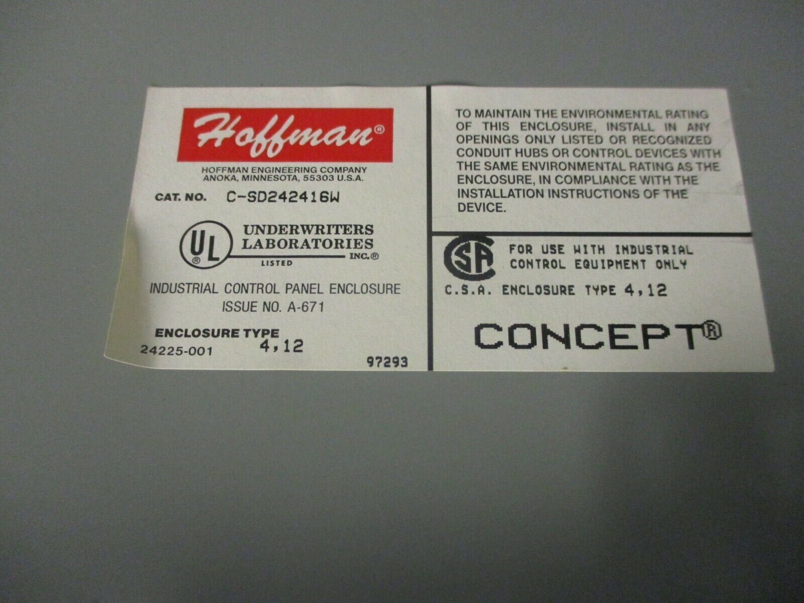 Hoffman Concept Type 4,12 Enclosure C-SD242418W Size: 24x24x18" w/ Window No Box