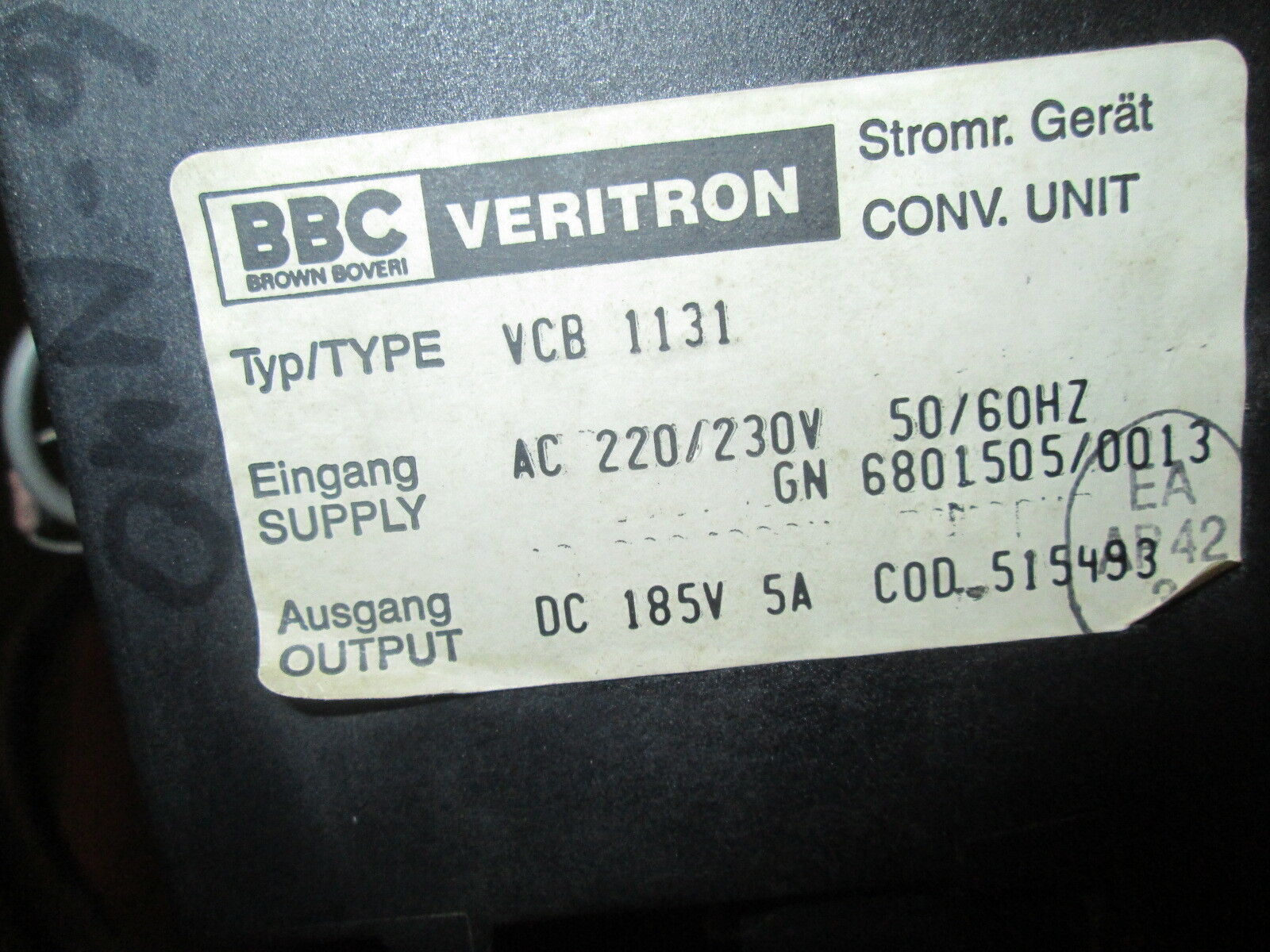 BBC Veritron Conversion Unit VCB 1131 Input:220/230VAC 50/60Hz Output: 185VDC 5A
