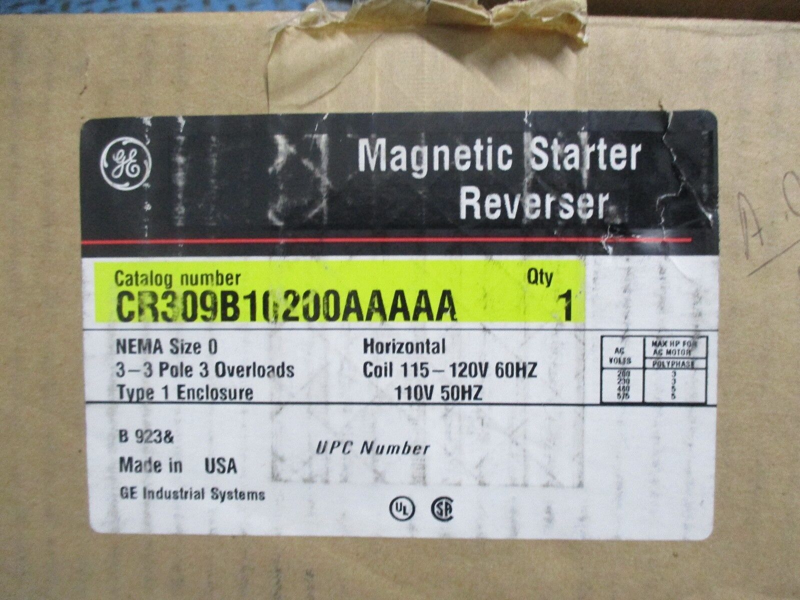 GE Enclosed Reversing Starter CR309B10200AAAAA 115-120V Coil Size 0 3P New Surpl