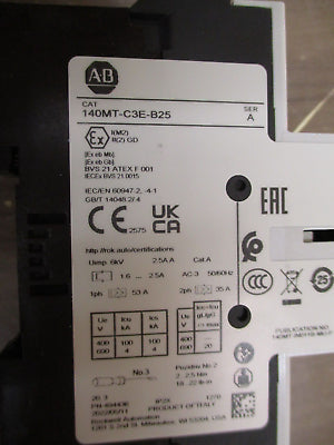 Allen-Bradley Manual Motor Protector 140MT-C3E-B25 Ser. A Trip: 1.6-2.5A