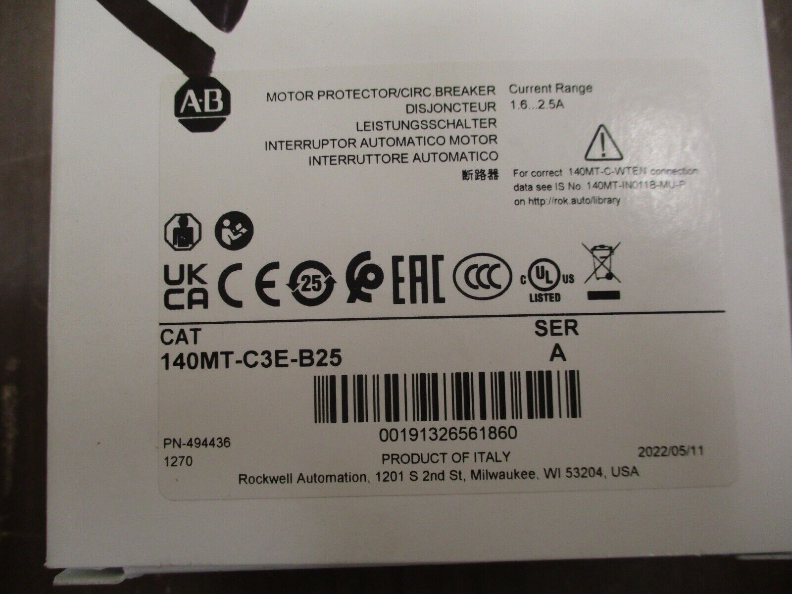 Allen-Bradley Manual Motor Protector 140MT-C3E-B25 Ser. A Trip: 1.6-2.5A