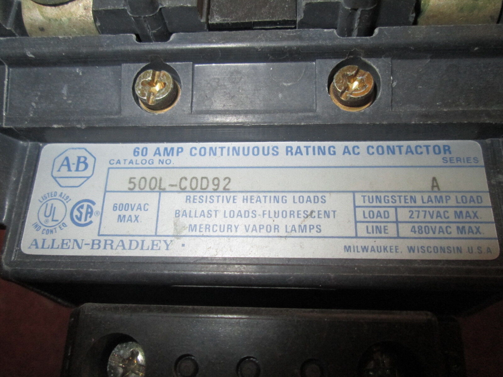 Allen-Bradley Contactor 500L-COD92 120V Coil 60A Used