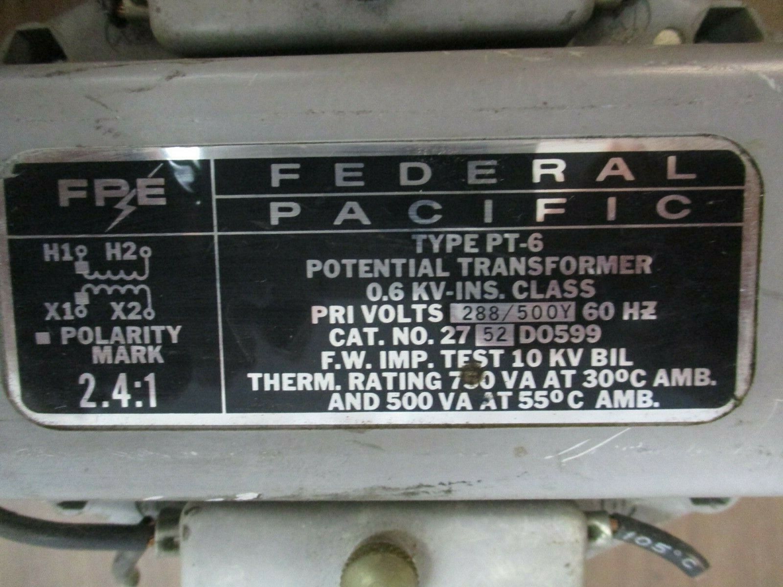 FPE Type PT-6 Potential Transformer 2752D0599 Ratio 2.4:1 Pri: 288/500V 60HZ
