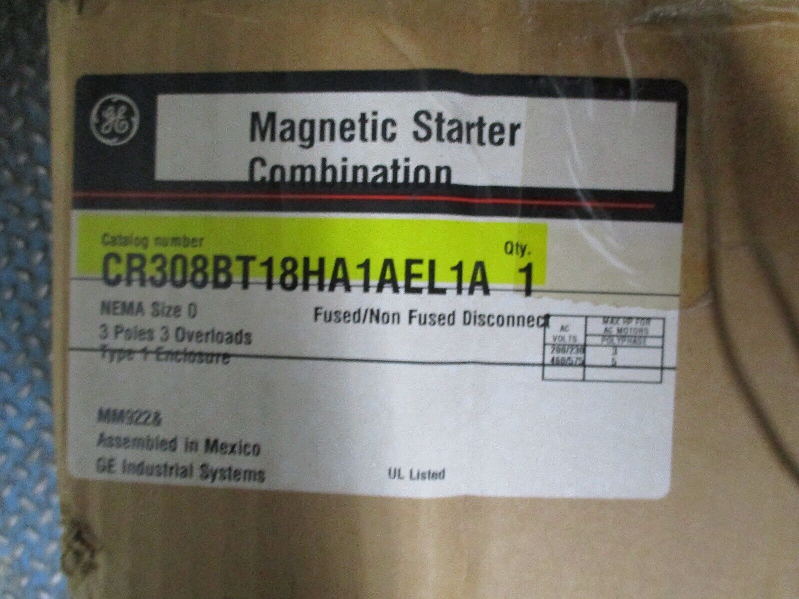 GE Combination CR308BT18HA1AEL1A Size 0 3P Type 1 Enclosure New Surplus