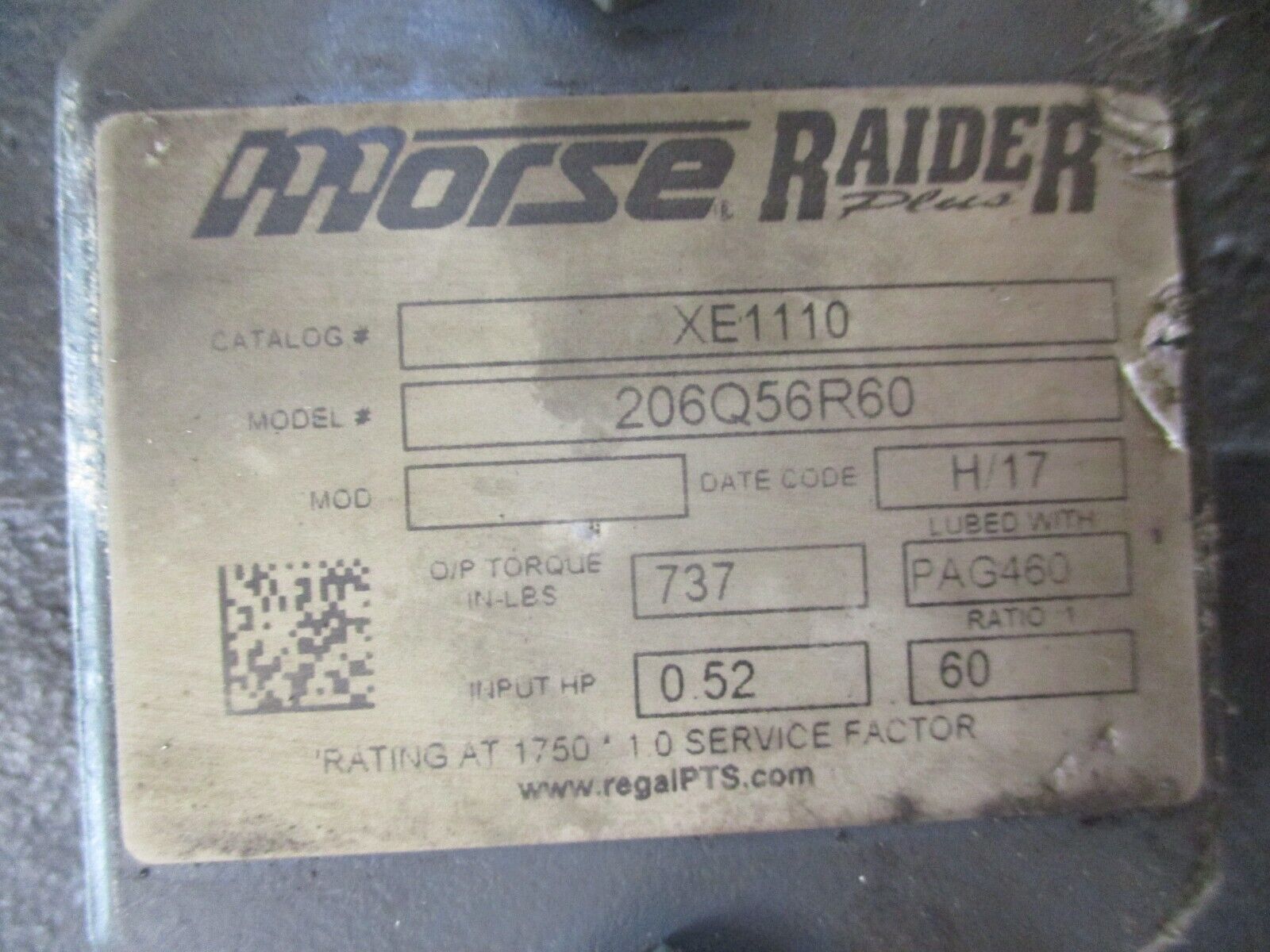 Morse Reducer XE1110 0.52HP Ratio 60:1 737 LB-In Torque Out 1750 RPM-In Used