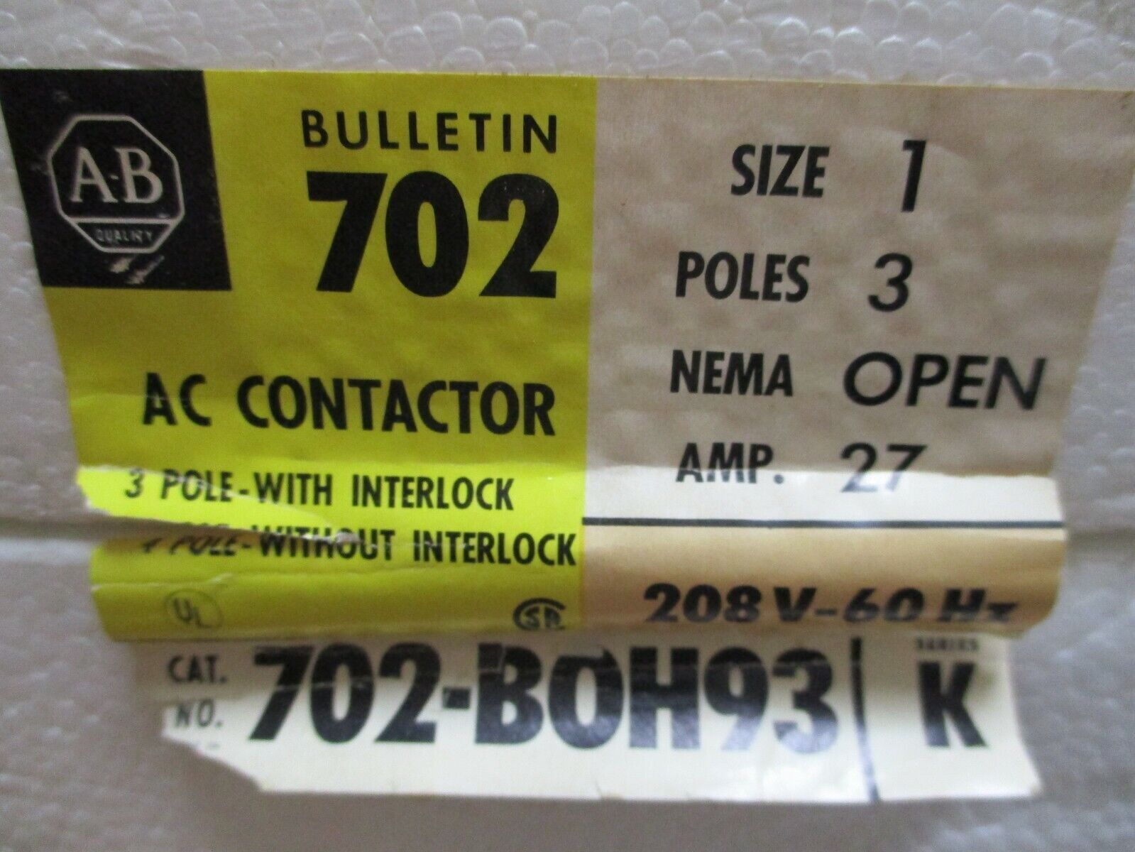 Allen-Bradley Size 1 Contactor 702-B0H93 Ser. K 208V Coil 27A 3P New Surplus