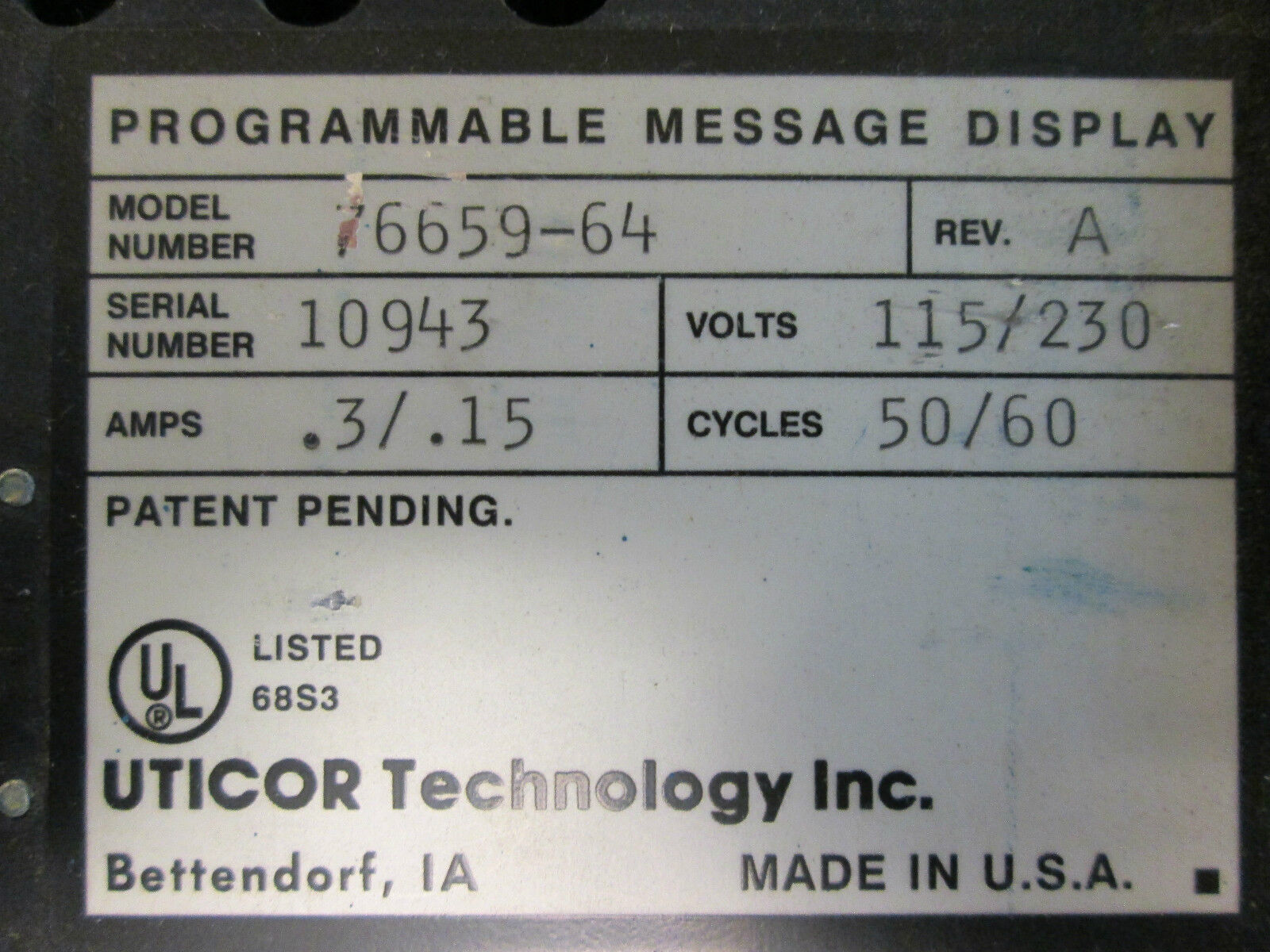 Uticore PMD 375 Programmable message display P/N 76659-64