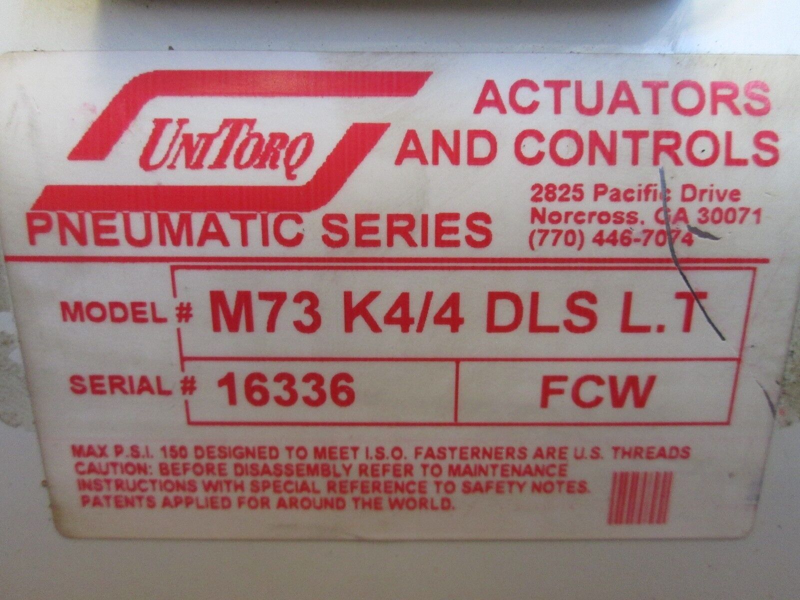Unitorq Pneumatic Actuator M73 K4/4 DLS L.T 150 PSI Max Used