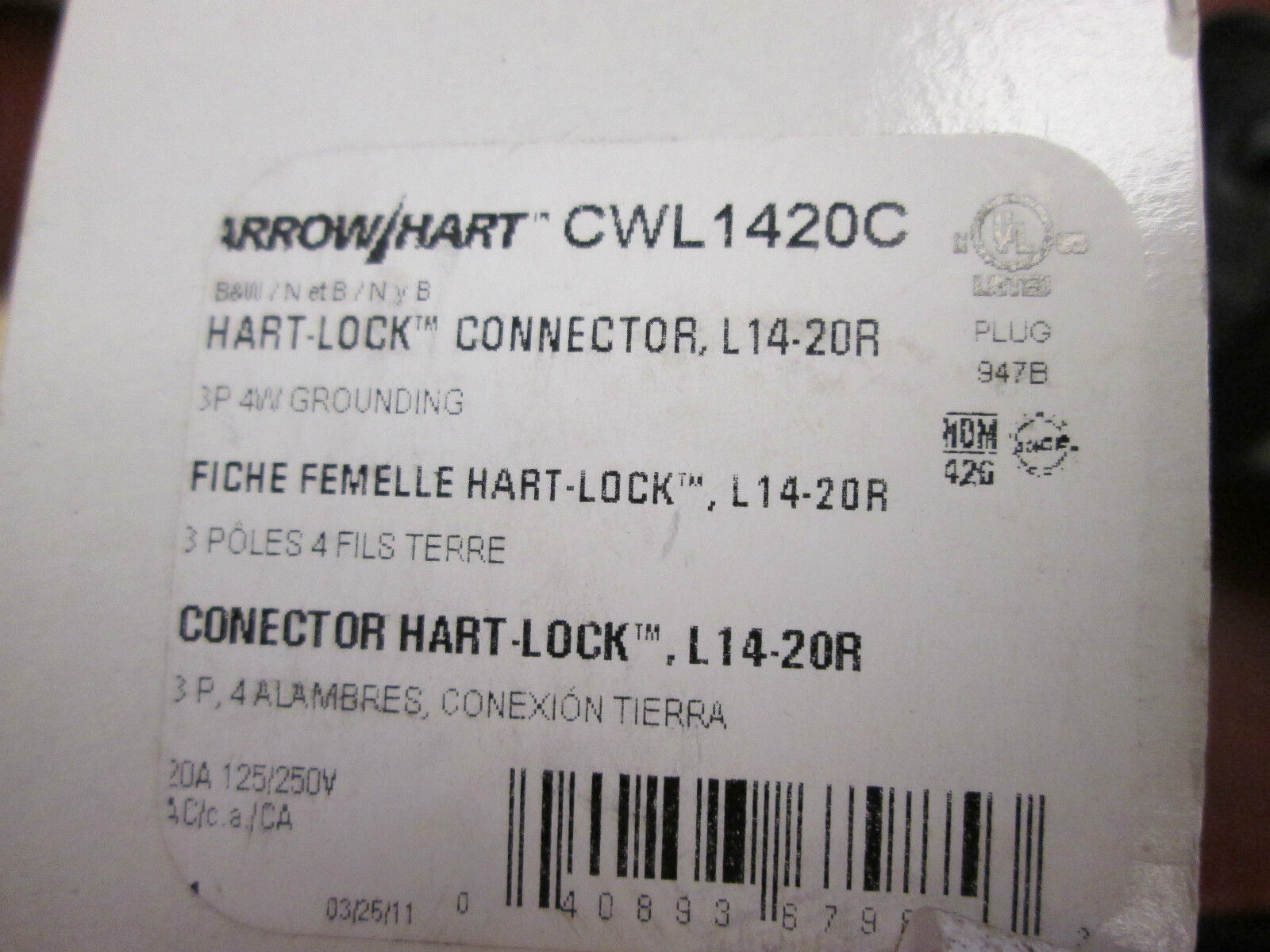 Arrow Hart CWL1420C 20A 125/250V 4W New Surplus