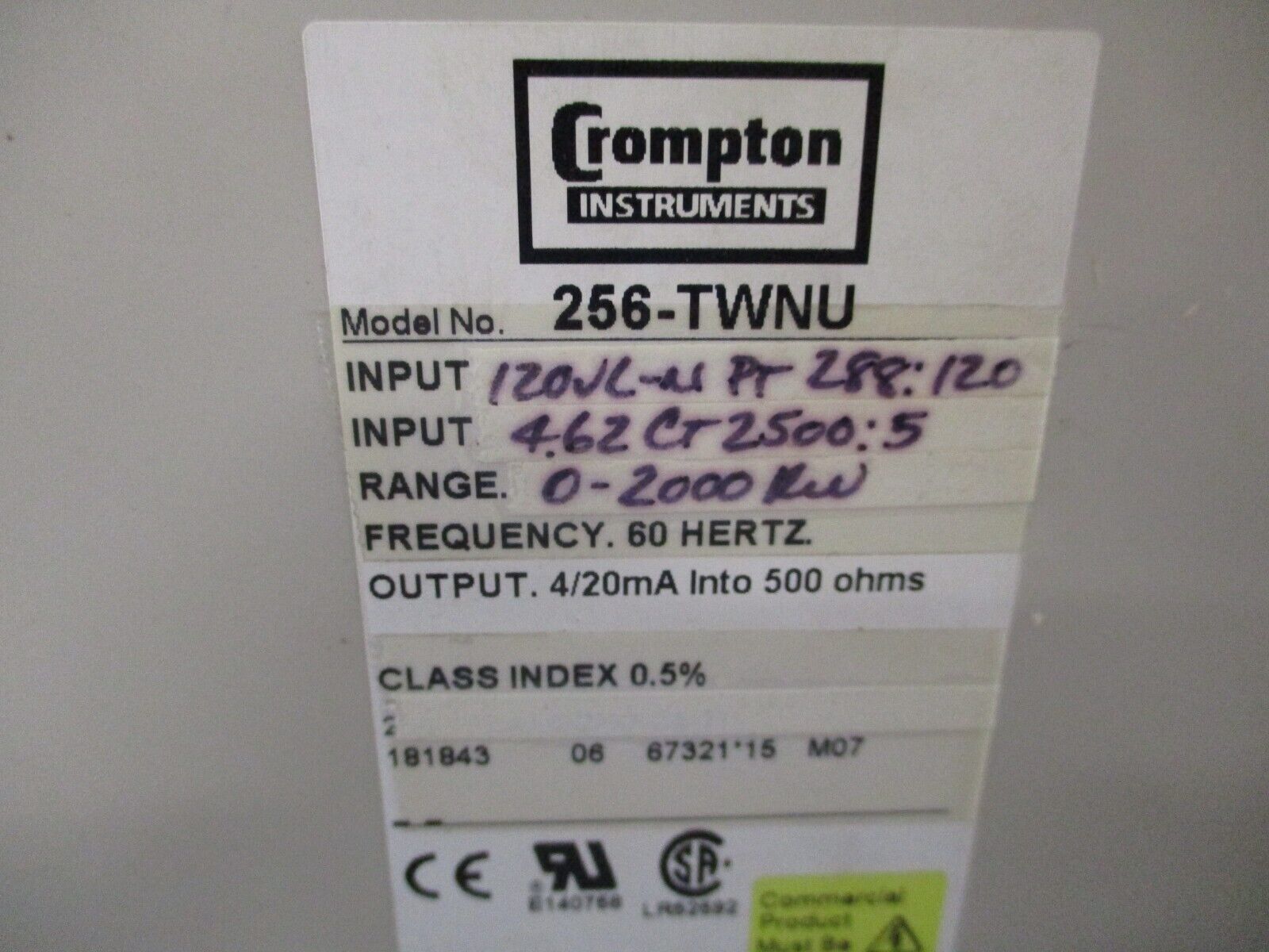 Crompton Paladin Transducer 256-TWNU 0-2000kW 60Hz PT: 288:120 CT: 2500:5 Used