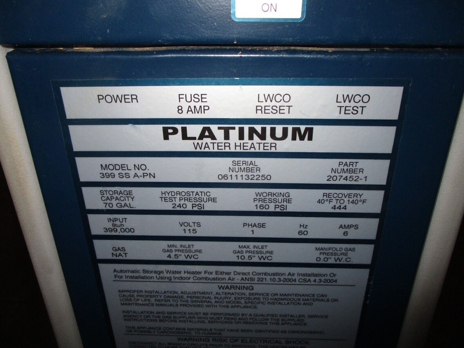 PVI Platinum Condensing Firetube Water Heater 399 SS A-PN 399,000 BTU 70-Gallon