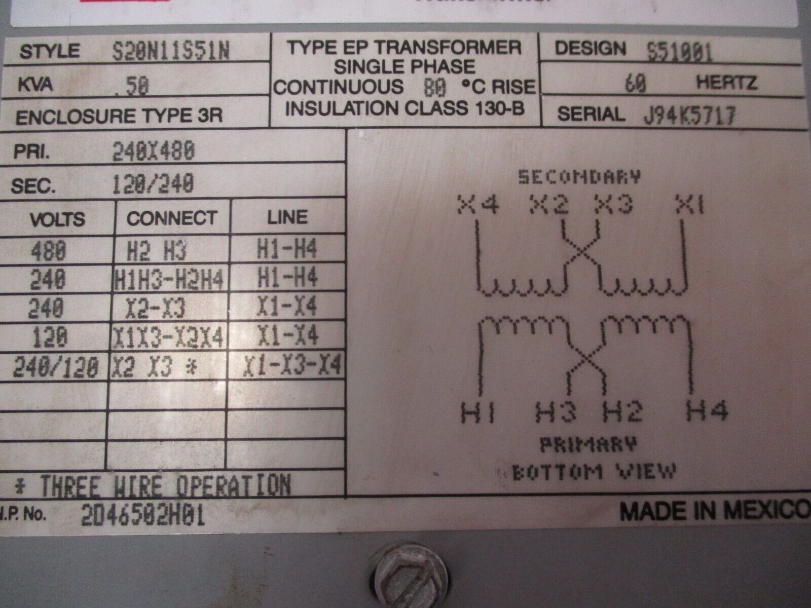 Cutler-Hammer Westinghouse Distribution Transformer S20N11S51N 0.50kVA 60Hz Used